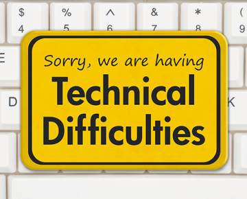 sorry we are having technical difficulties written in yellow over white keyboard
