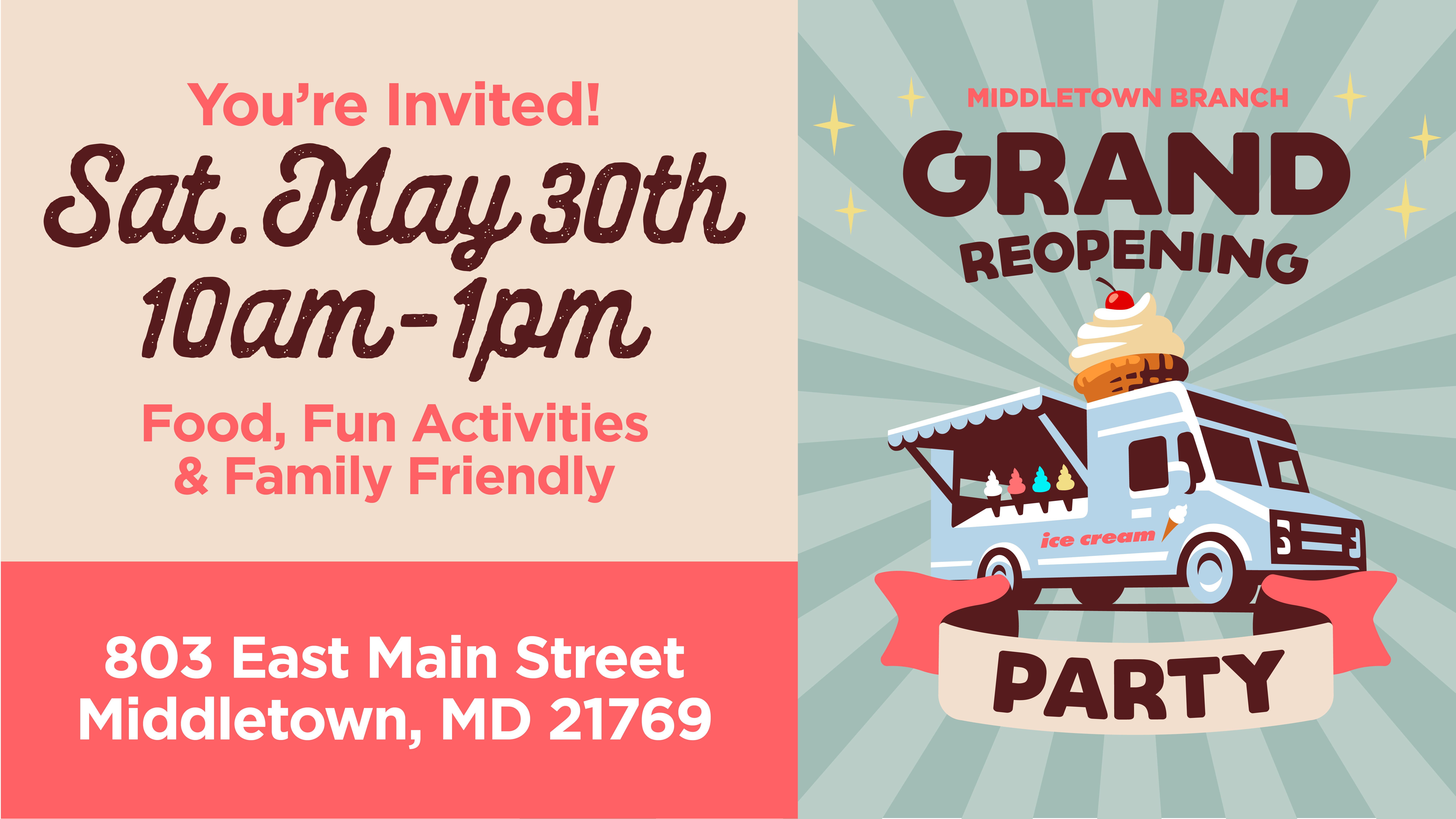 Middletown Branch Grand Reopening Party with striped background