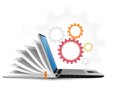 Book and laptop with gear icons. 