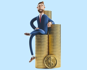 cartoon man in suit sitting on coins with blue background