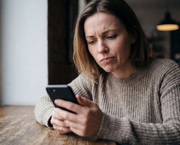 woman at table looking concerned at phone