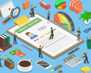animated graphic with clipboard listing credit score and several other people and objects
