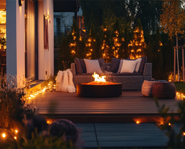 Deck at night with firepit, lighting, and a couch