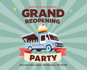 Middletown Branch Grand Reopening Party with striped blue background