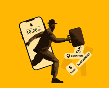 identity theft graphic coming out of phone against yellow background