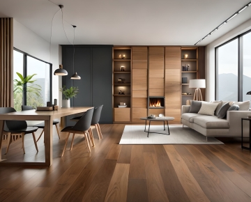 living room and dining room with wood floors and modern look