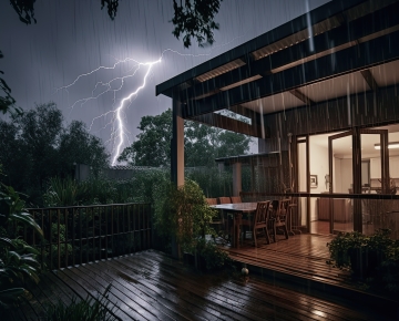 home at nighttime with deck and trees and lightning in background