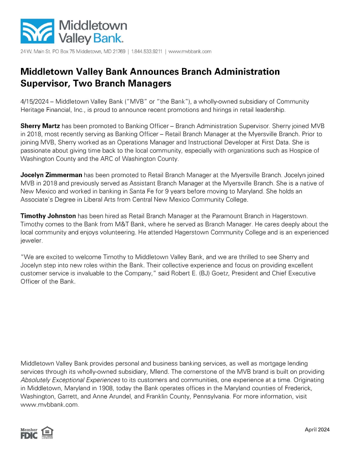 MVB Announces Branch Administration Supervisor, Two Branch Managers