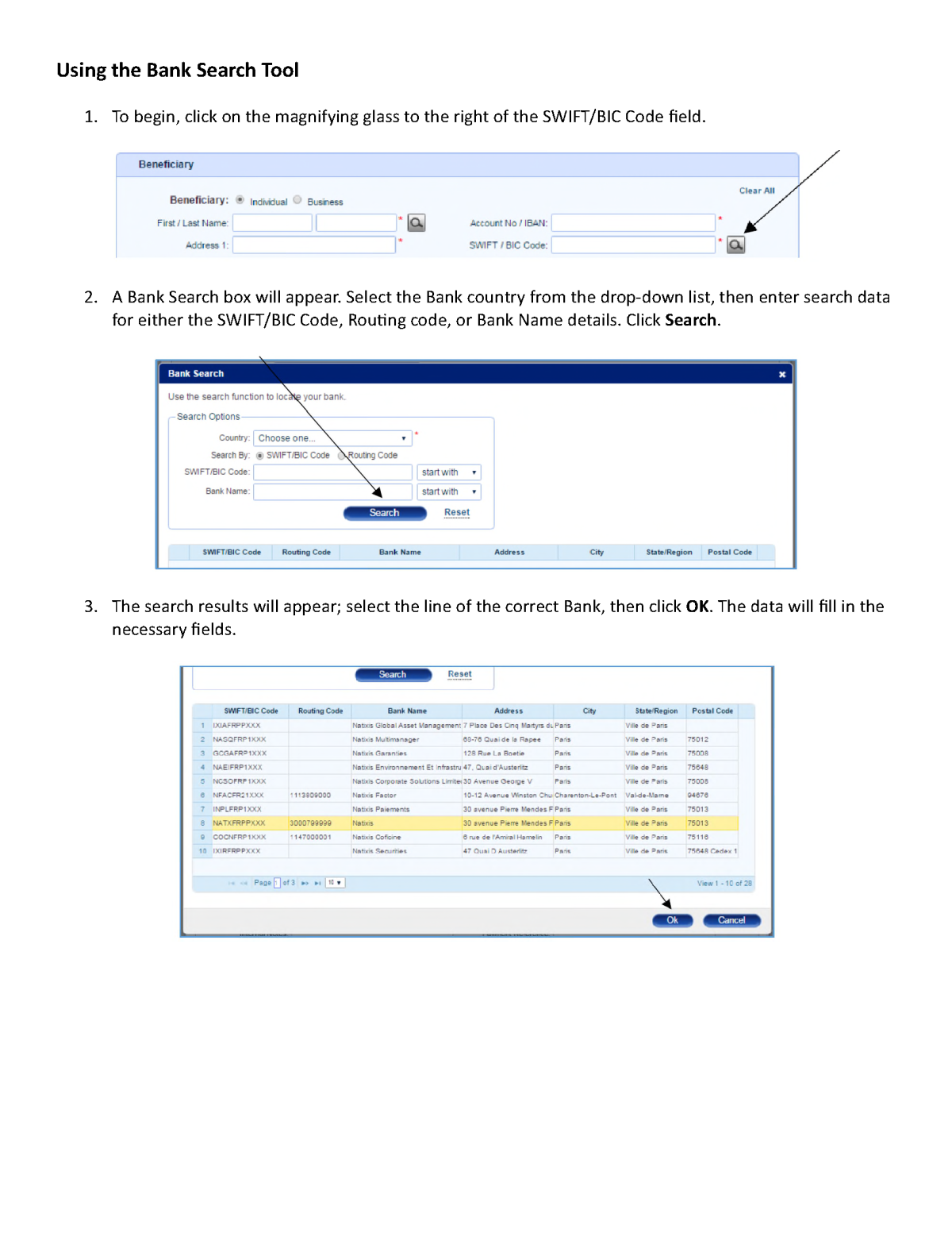 Using the Bank Search Tool for wires